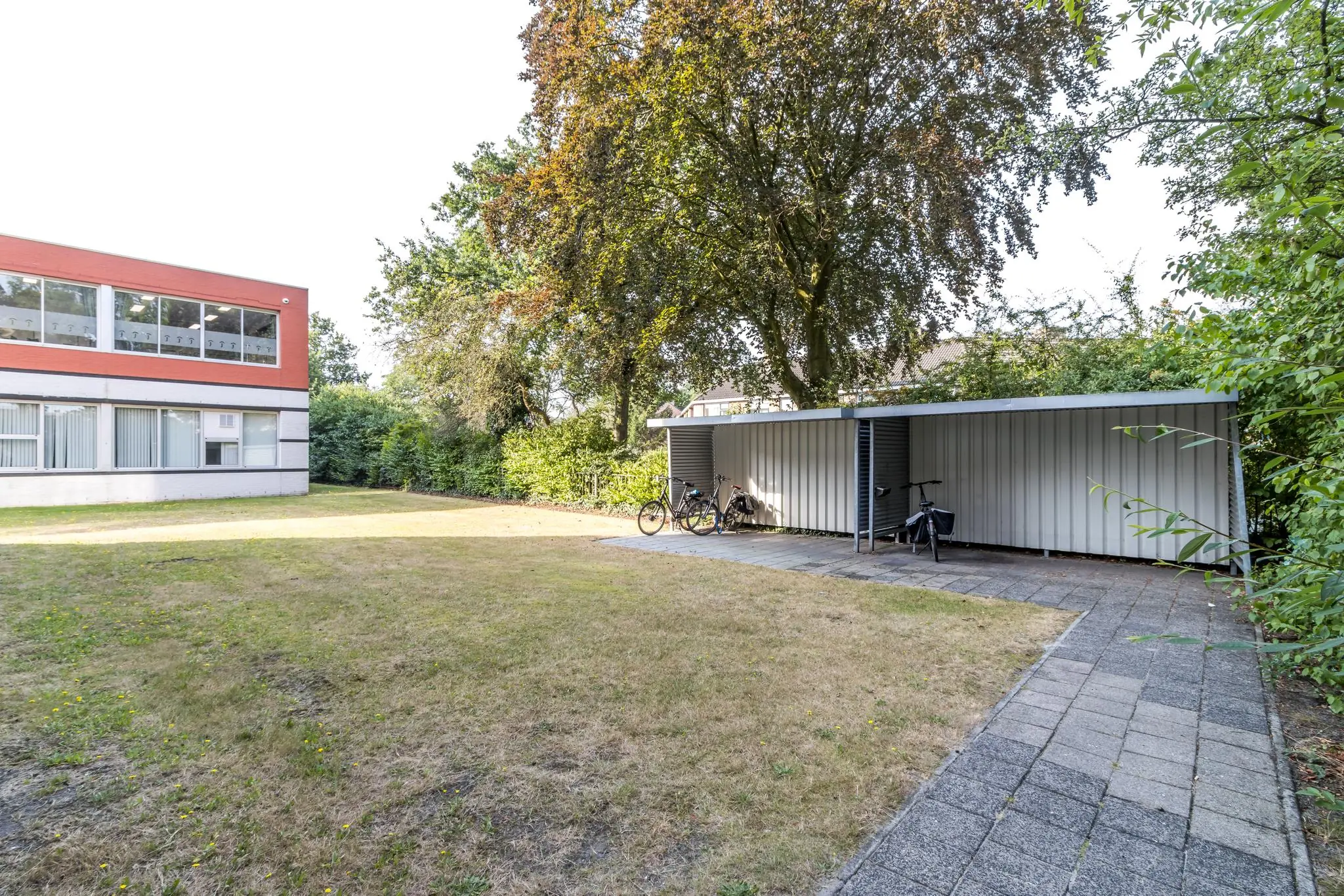 Fietsenstalling en grasveld naast een gebouw aan de Jan van Eycklaan, omgeven door bomen en struiken.